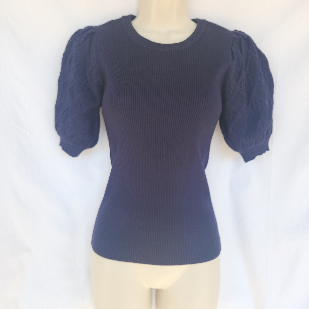Elie Tahari Dark Blue Knitted Ribbed Blouse Puff Sleeves Cottagecore M